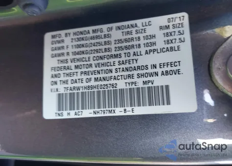 2017 Honda Cr-V Ex-L/Ex-L Navi from USA, damaged, VIN 7FARW1H89HE025762